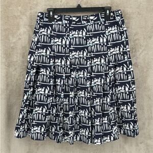 Tory‎ Burch Skirt Womens 8 Navy Figurines A-Line Poplin Cotton Stretch Pleated